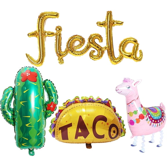 4pcs Fiesta Party Decorations Balloons Set Taco Cactus Llama Cinco De Mayo Fiesta Foil Balloons for Mexican Fiesta Birthday Party Decorations Supplies