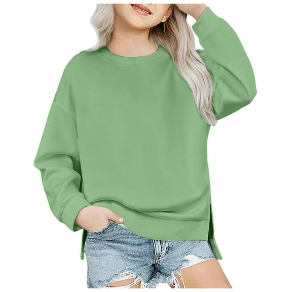 kamemir Girls Crewneck Sweatshirt Long Sleeve Pullover Tops Drop Shoulder Sweatshirts Side Split(Light Green,11-12 Years)