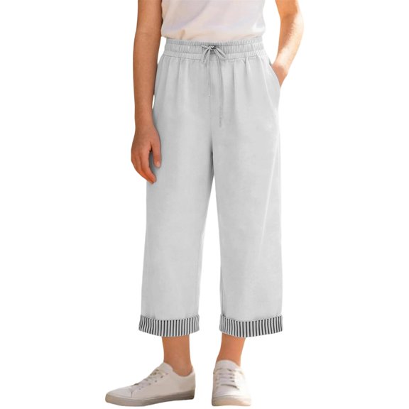 Girls High Waist Cropped Pants, Drawstring Straight Leg Trousers, Casual Summer Wide Leg Bottoms