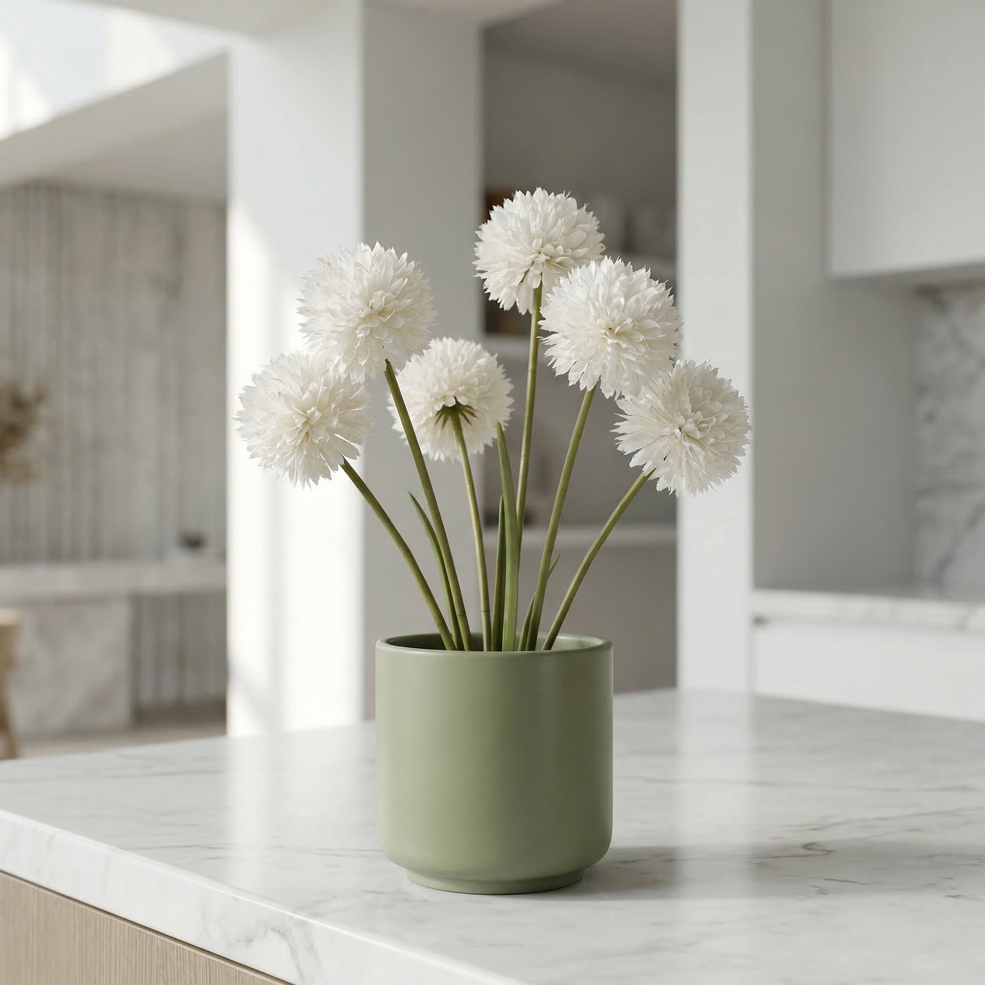 Unique Bargains 12Pcs Artificial Dandelion Flower Silk Pompon Bouquet White Green 11.4in