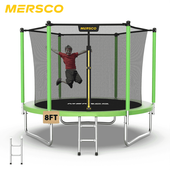Mersco 8ft Trampoline for Kids and Adults,Outdoor Trampoline with Enclosure,Ladder,Upright-Poled Backyard Trampoline PLAY for Family Fun,Jumping Trampoline for Birthday Gift,Green