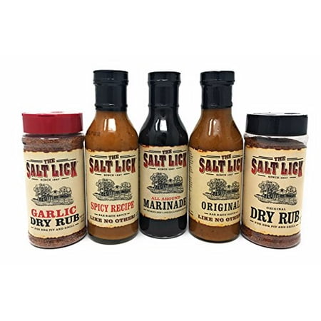 - Salt Lick Favorites Assortment Version 2, one each of Original Dry Rub, Original Sauce, Lauren's Spicy Sauce, Garlic Dry Rub, and All Around Marinade, 5 pack
