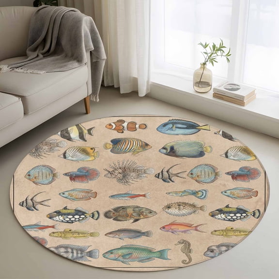 Ocean Fishes Round Area Rug 4Ft Washable Circle Rugs for Bedroom Dining Room, Retro Tropical Coastal Animal Brown Non-Slip Carpet Floor Mats Indoor Outdoor Carpet Runner Aesthetic Home Decor