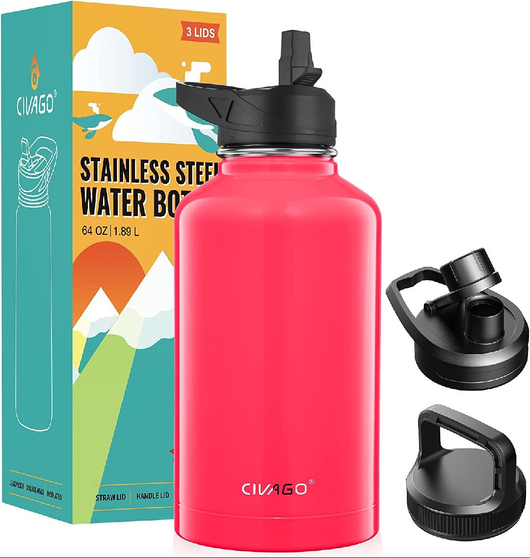 64 oz Insulated Water Bottle With Straw, Half Gallon Stainless Steel