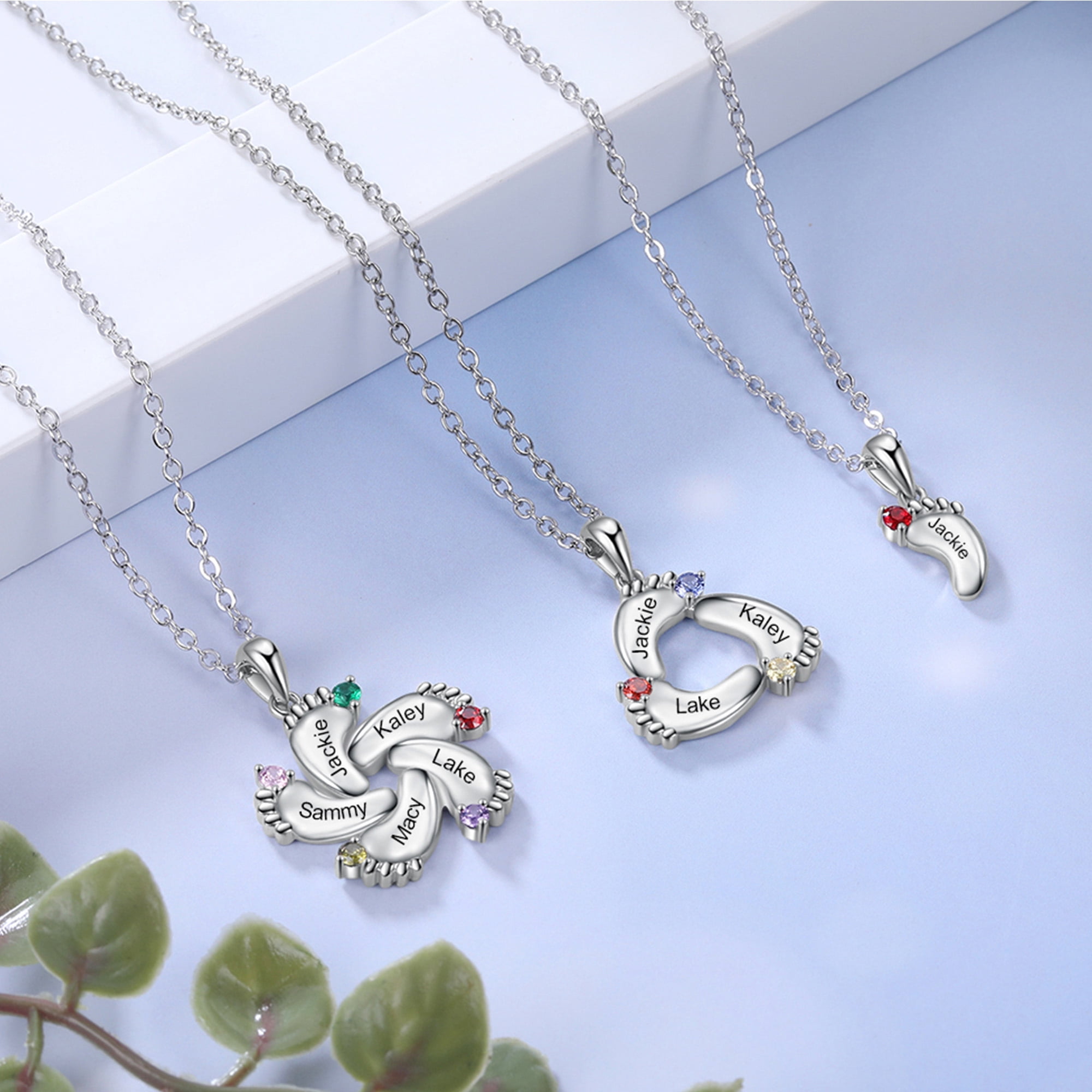 Mementos Jewelry Personalized Sterling Silver Footprint Family Mother Necklace 4 Birthstone and Name