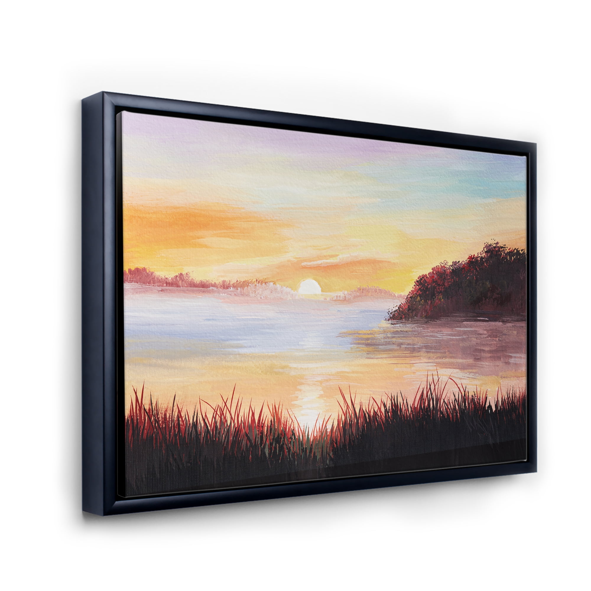 The Reeds On The Lake In Evening Glow 32 in x 24 in Framed Painting Canvas Art Print, by Designart