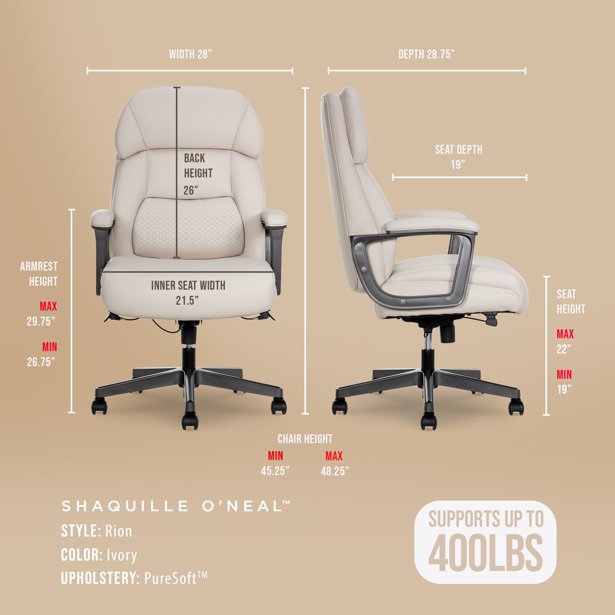 Shaquille O'Neal Rion Ergonomic Heavy-Duty Office Chair, PureSoft Upholstery, High-Back Desk Chair with 400 lb Capacity, Ivory