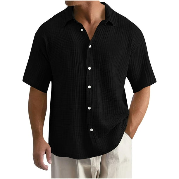 Camisa de Manga Corta Botón de los Hombres Casual de Color Sólido Botón Cardigan Bolsillo de Manga Corta Turndown Cuello Blusa, Poliéster