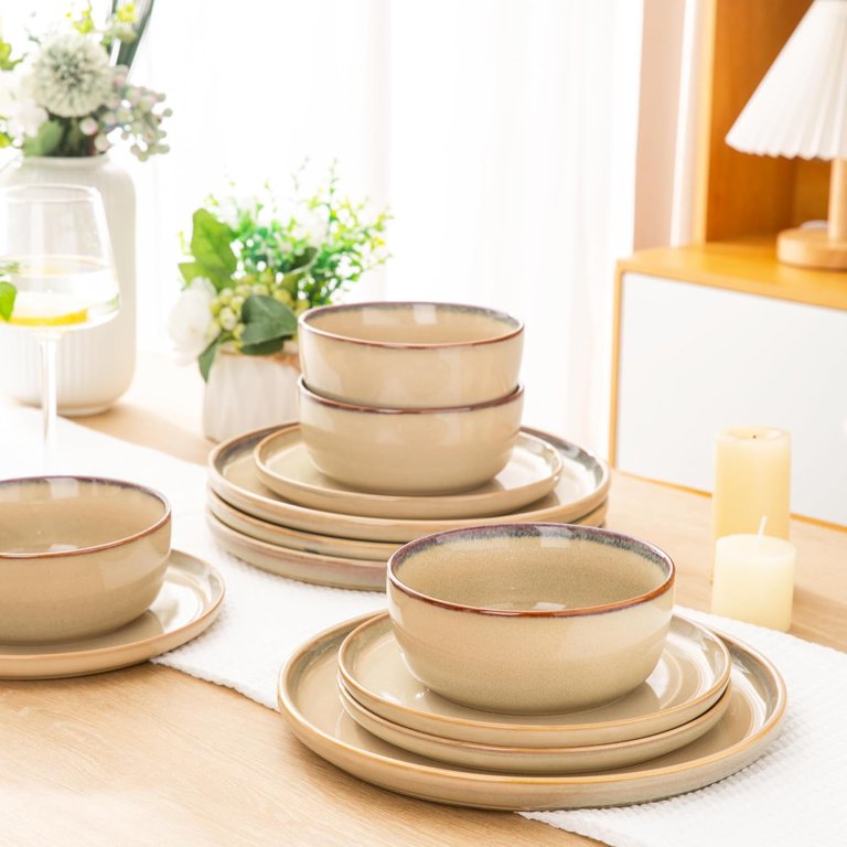 Vetory Ceramic Dinner Plates Set Of 6 - 10 Inch White With Black Rim, Microwave & Dishwasher Safe