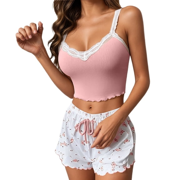 JAJAHO Pajama For Women Sets Sexy Lace Trim Slim Fit Summer Sleepwear V Neck Sleeveless Crop Tank Top And Floral Shorts 2 Piece Set Soft Home Clothes