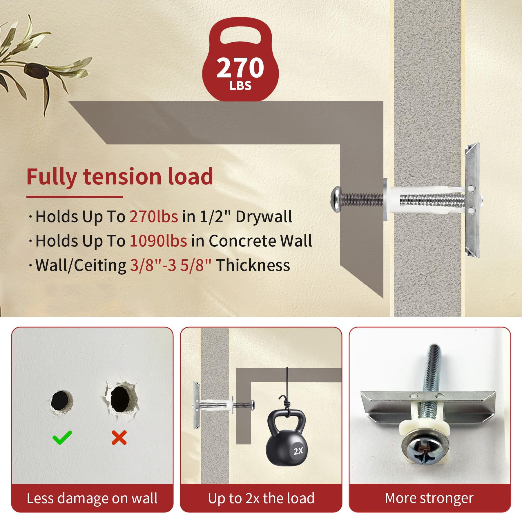 12PCS Heavy Duty Drywall Anchors with Bolts for 1/4"-20, 270+ lbs Hollow Wall Anchors for TV Mounting Kit,Drywall Toggle Bolt - Zinc Plated, Easy Install