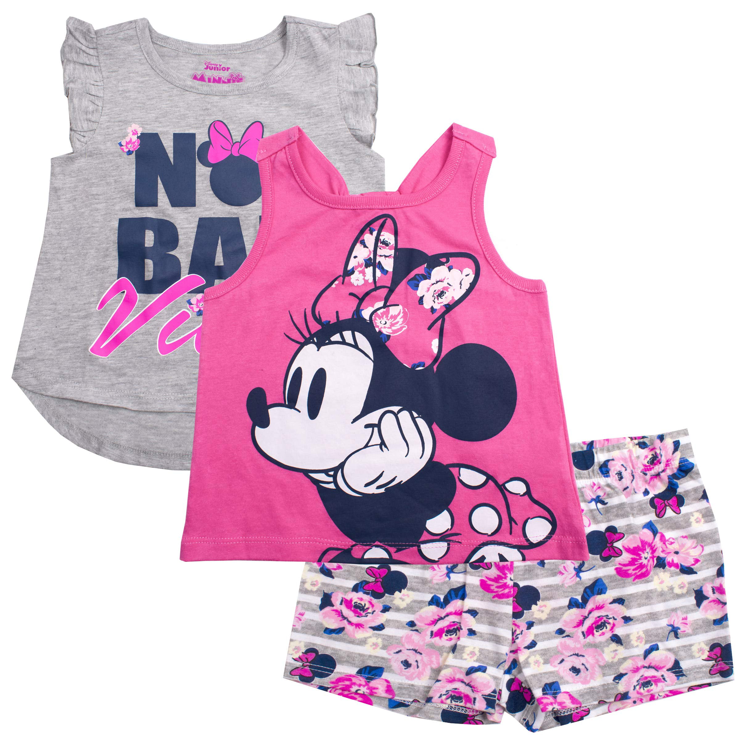Minnie Mouse and Mickey Mouse Girls 3 Piece 2 Short Sleeve Tee and Short  Set, 4-6X