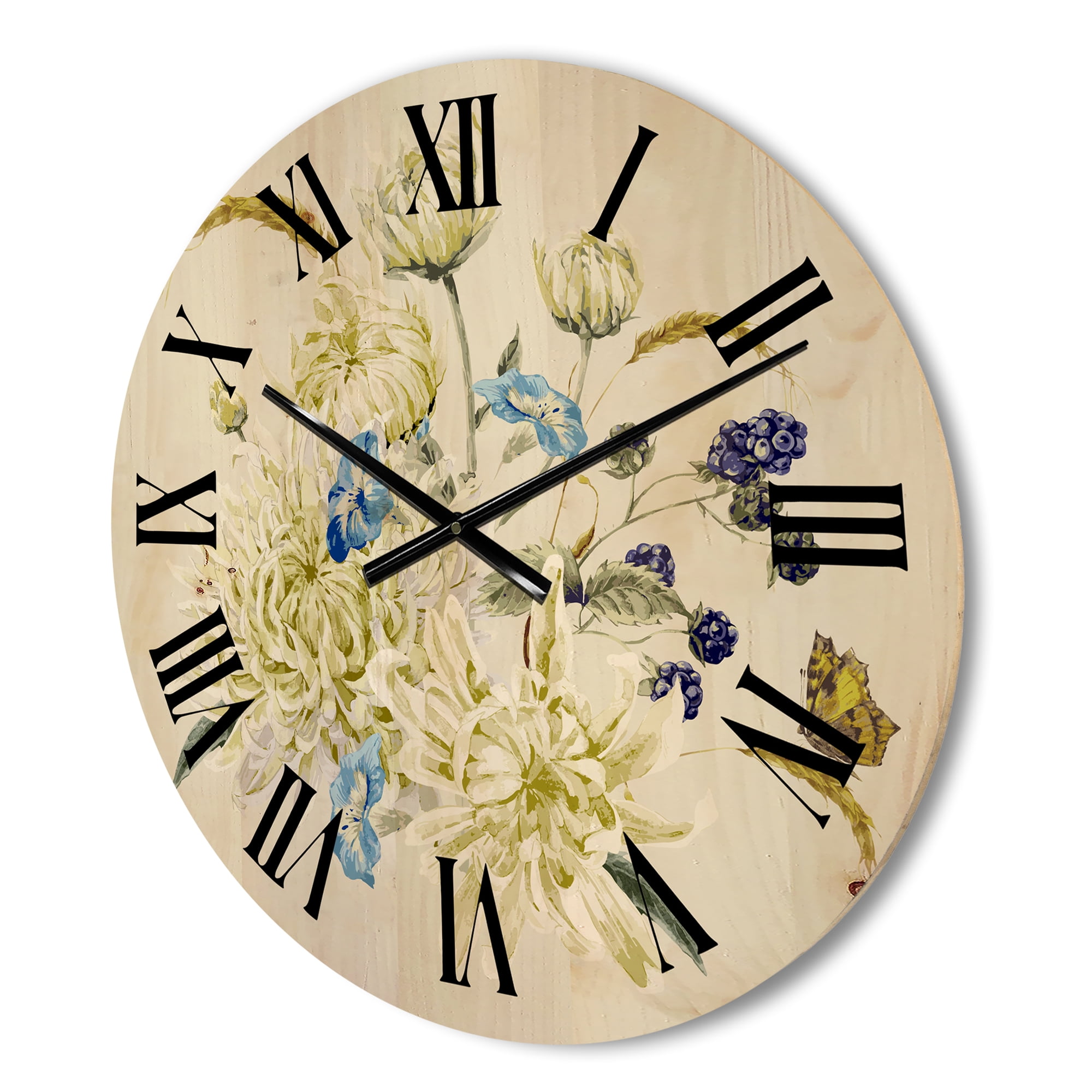 Designart 'Ancient Chrysanthemums With Bouquet II' Traditional Wood Wall Clock