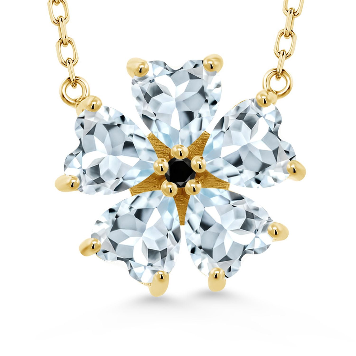 Gem Stone King 18K Yellow Gold Plated Silver Sky Blue Aquamarine and Black Diamond Pendant Necklace for Women (3.68 Cttw, Heart Shape 6MM, with 18 inch Chain)