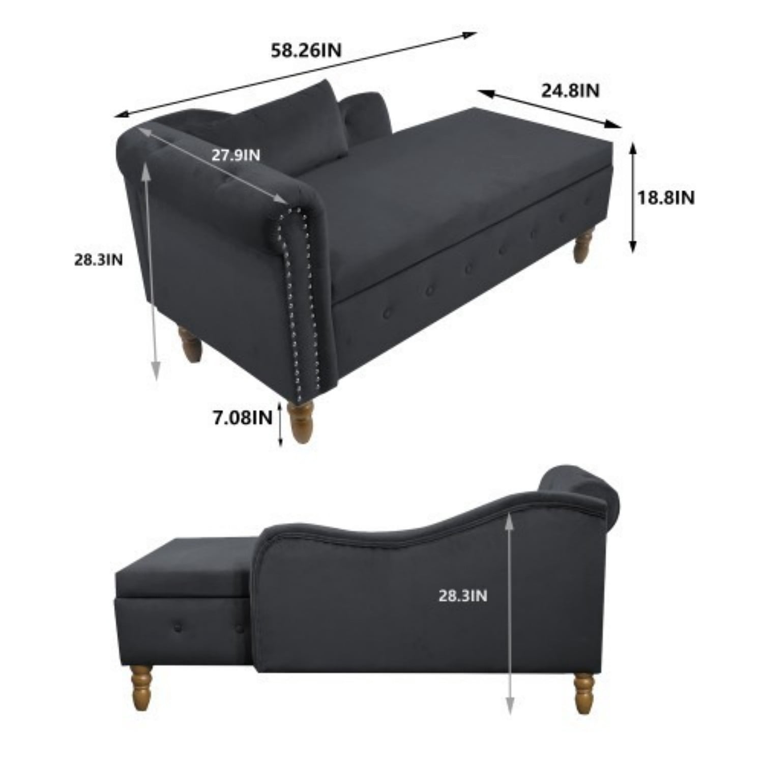 Velvet Chaise Lounge Chair with Storage, Upholstered Chesterfield Lounge Chair with Rolled Arm, Tufted Back, Pillow & Hidden Storage for Living Room, Bedroom & Office, Black