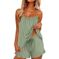 thumbnail image 2 of Women's Solid Satin Bridal Two Piece Pajama Sets, Ruffle Spaghetti Strap Tank Top & Elastic Waist Shorts, Romantic Glossy Fabric Ideal For Wedding Spa Daily | TruHer,Army Green L, 2 of 7