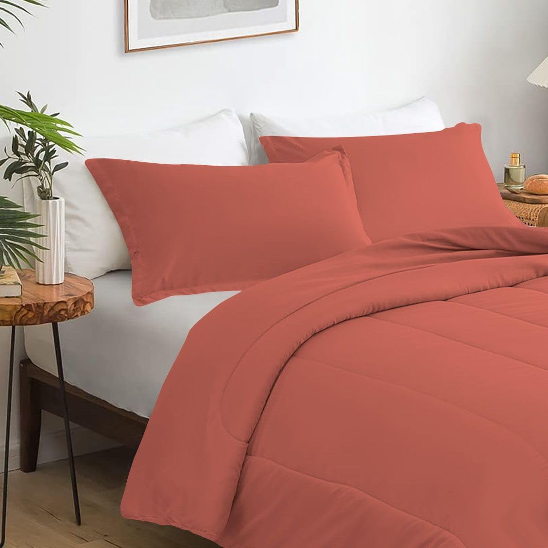 5 Piece Luxury Thicker Pattern Comforter Set, 800 TC, 100% Egyptian Cotton, Oversized Super King Size Brick Red Solid Color