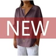 thumbnail image 5 of Dazajoo Cotton Linen Shirts for Women Summer V Neck 3/4 Sleeve Tops Loose Vacation Beach Solid Color Blouses,Bronze,S, 5 of 8