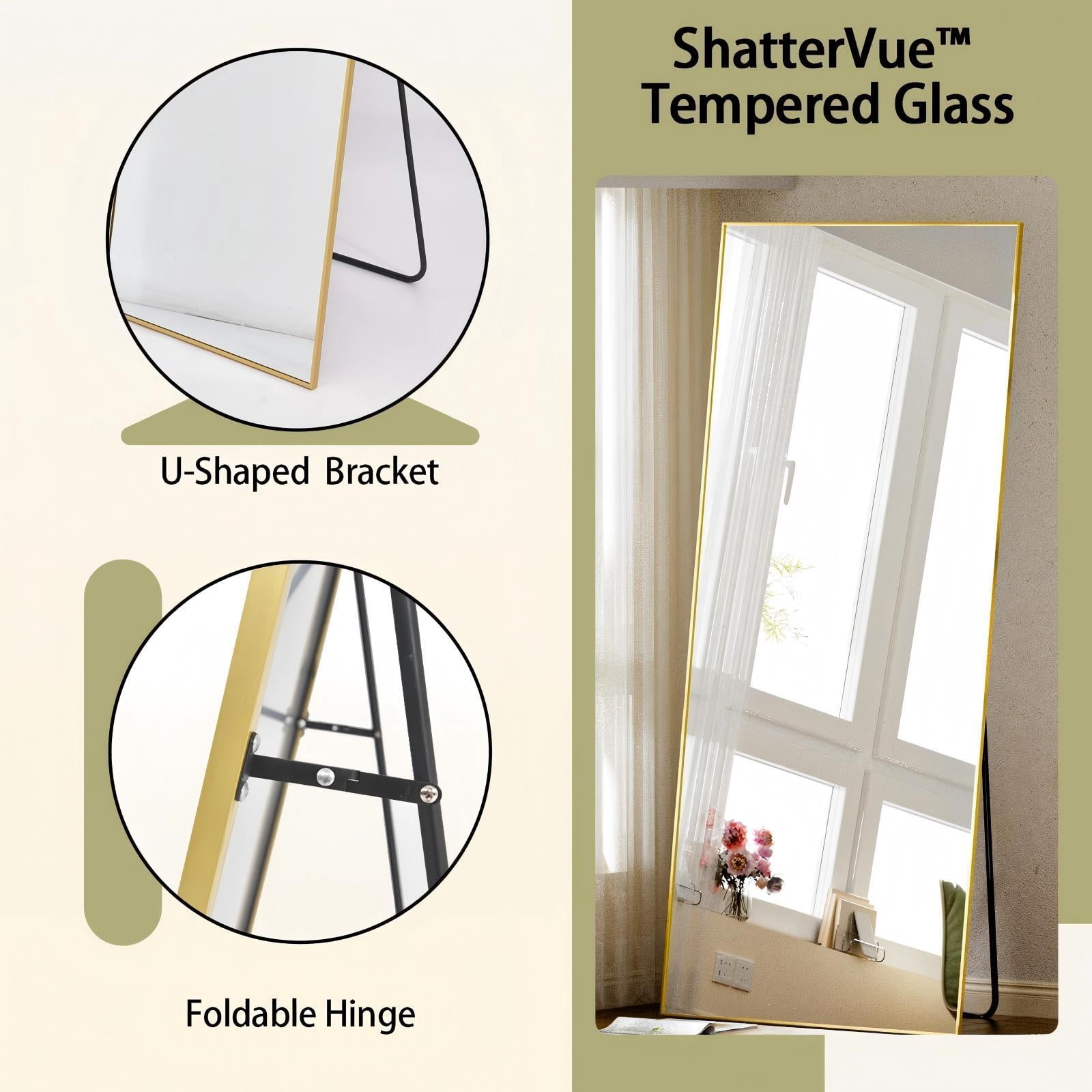 Mirrasia 58" x 18" Full Length Mirror Floor Mirror with Aluminum Frame Freestanding, Gold