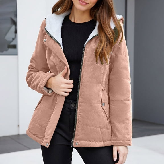 ZHOGXU Women's Hooded Coat With Pocket Long Sleeve Solid Color Zipper Plush Comfortable Stylish Jacket For Casual Daily Wear Pink M