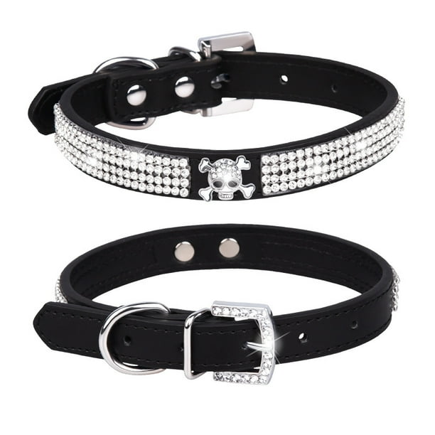 XS-CP376-4 Negro - Collar ajustable de 2 piezas de piel sintética con diamantes de imitación para perros y gatos pequeños