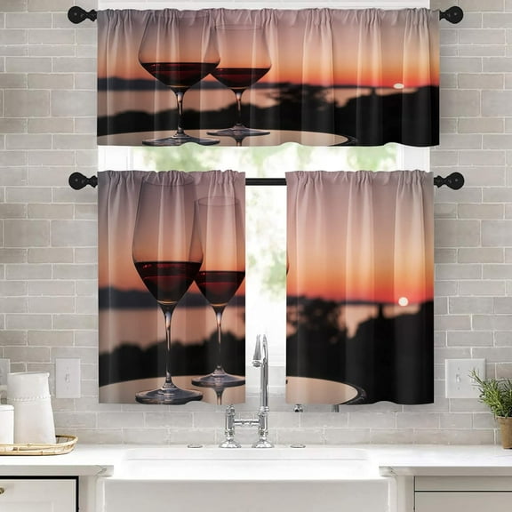 Wine Kitchen Curtains Farmhouse Window Curtains Valance and Tier Set 36 Inch, Romantic Sunset Rod Pocket Short Tier Curtain, Retro Two Glasses Small Cafe Curtains for Kitchen Decor