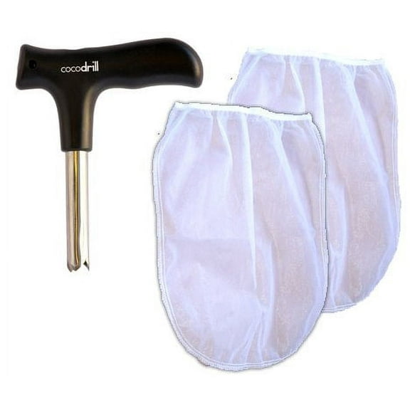 CocoDrill Coconut Opener  2 Nut Milk Bags COMBO - Open Tap Coco Water, Fresh Tool, extractor   Raw Food Mylk Strainer