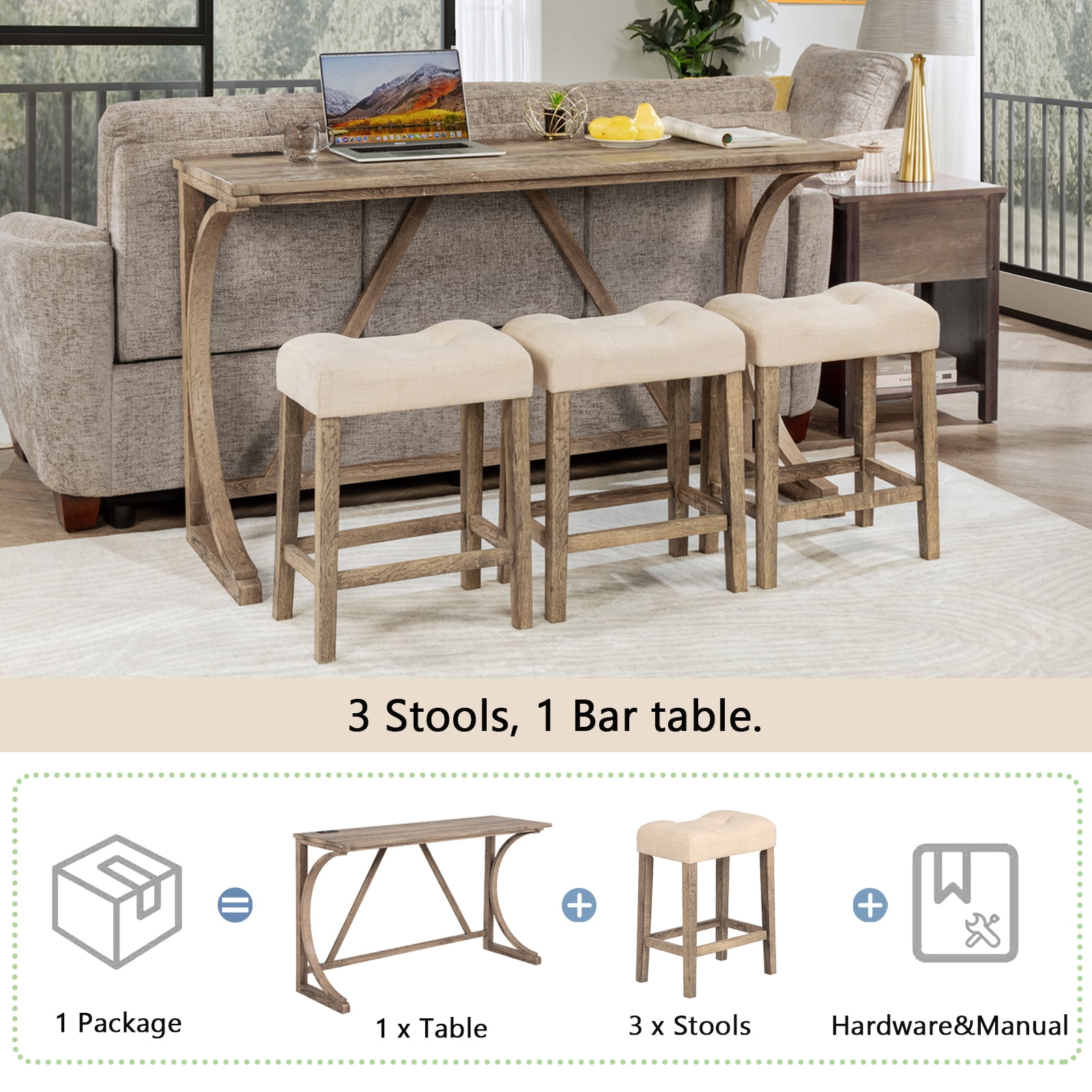 LUCKHAO 4-Piece Counter Height Bar Table Set with Socket and 3 Fabric Padded Bar Stools, Tall Kitchen Breakfast Dining Table Set with Stools