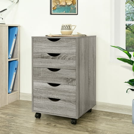 Home Imports Emporium Taylor 5 Drawer Chest  Wood Storage Dresser Cabinet with Wheels  Craft Storage Organizer  Makeup Drawer Unit Gray Oak