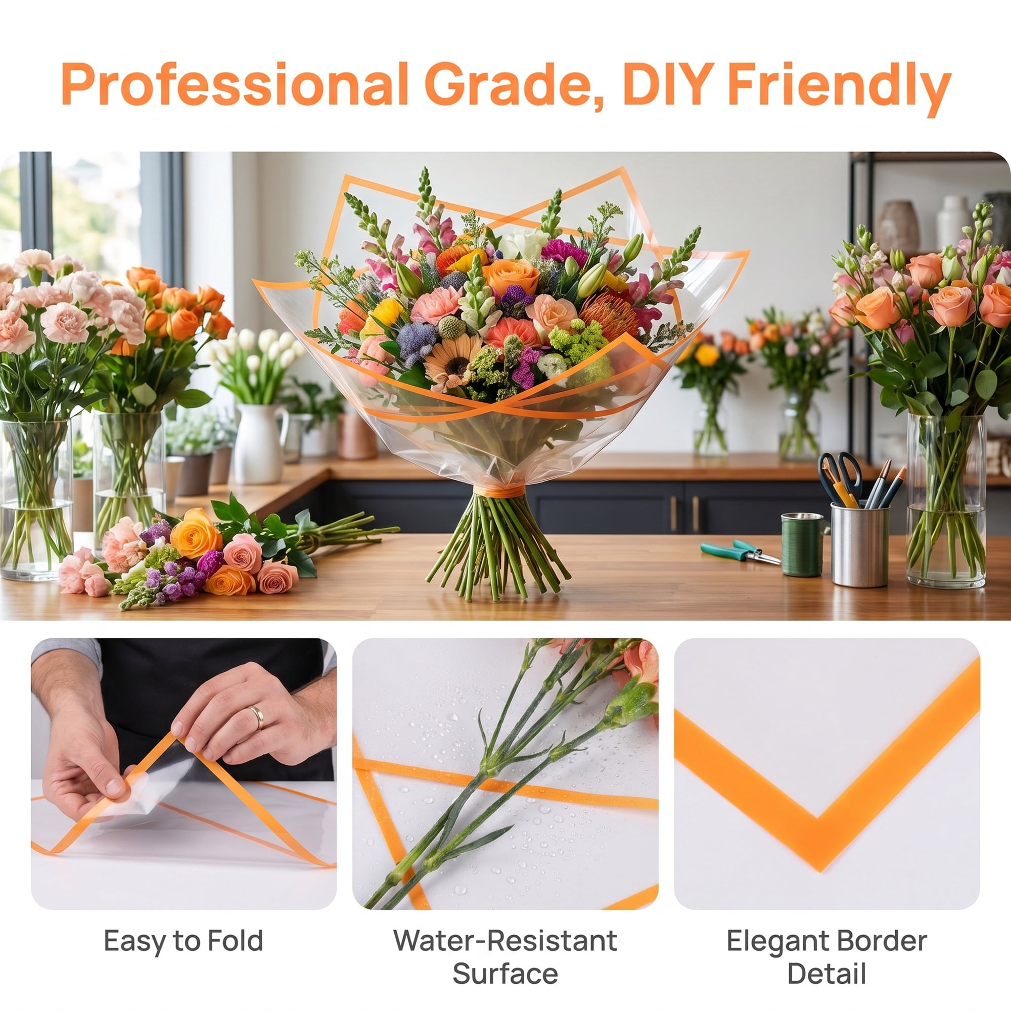 Unique Bargains Premium Waterproof Clear Gift Wrapping Paper for Gifts Orange 22"x 22"