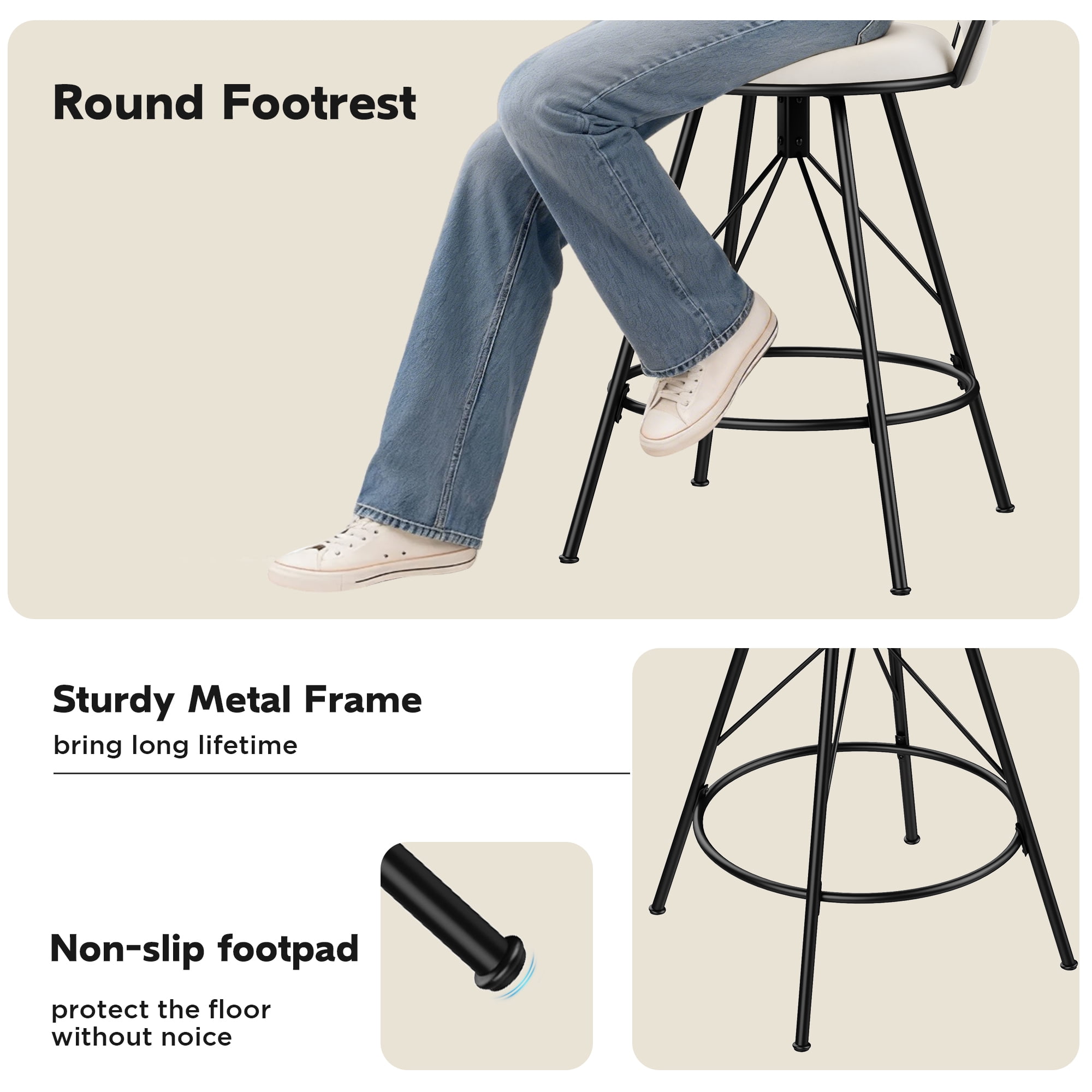 Andeworld 24'' Barstools set of 2, Modern Velvet Bar Stools with Woven Back, Counter Height Barstools with Upholstered Seating, Round Footrest, Ivory