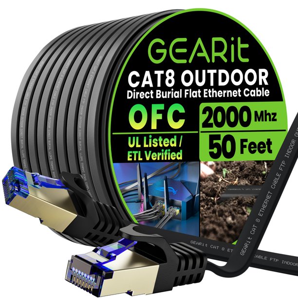 Cable Ethernet GearIt Cat 8 plano para exteriores de 15 m, color negro