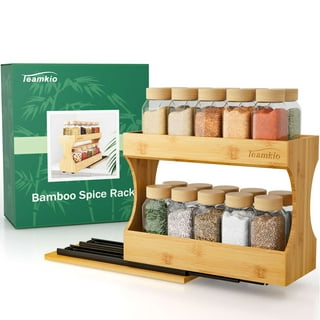 MinBoo Bamboo Spice Drawer Organizer with 24 Spice Jars, 432 Spice Labels with Chalk Marker and Funnel Complete Set, No Assembly Required, Size: 17 x