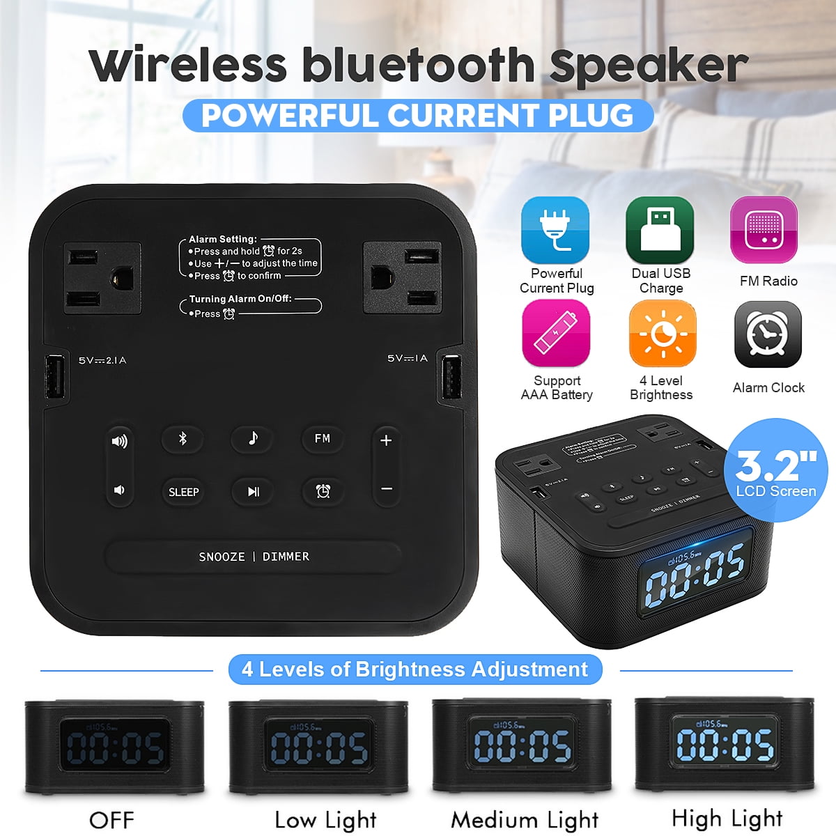 Digital FM Radio Alarm Clock Wireless Stereo Speaker with Snooze