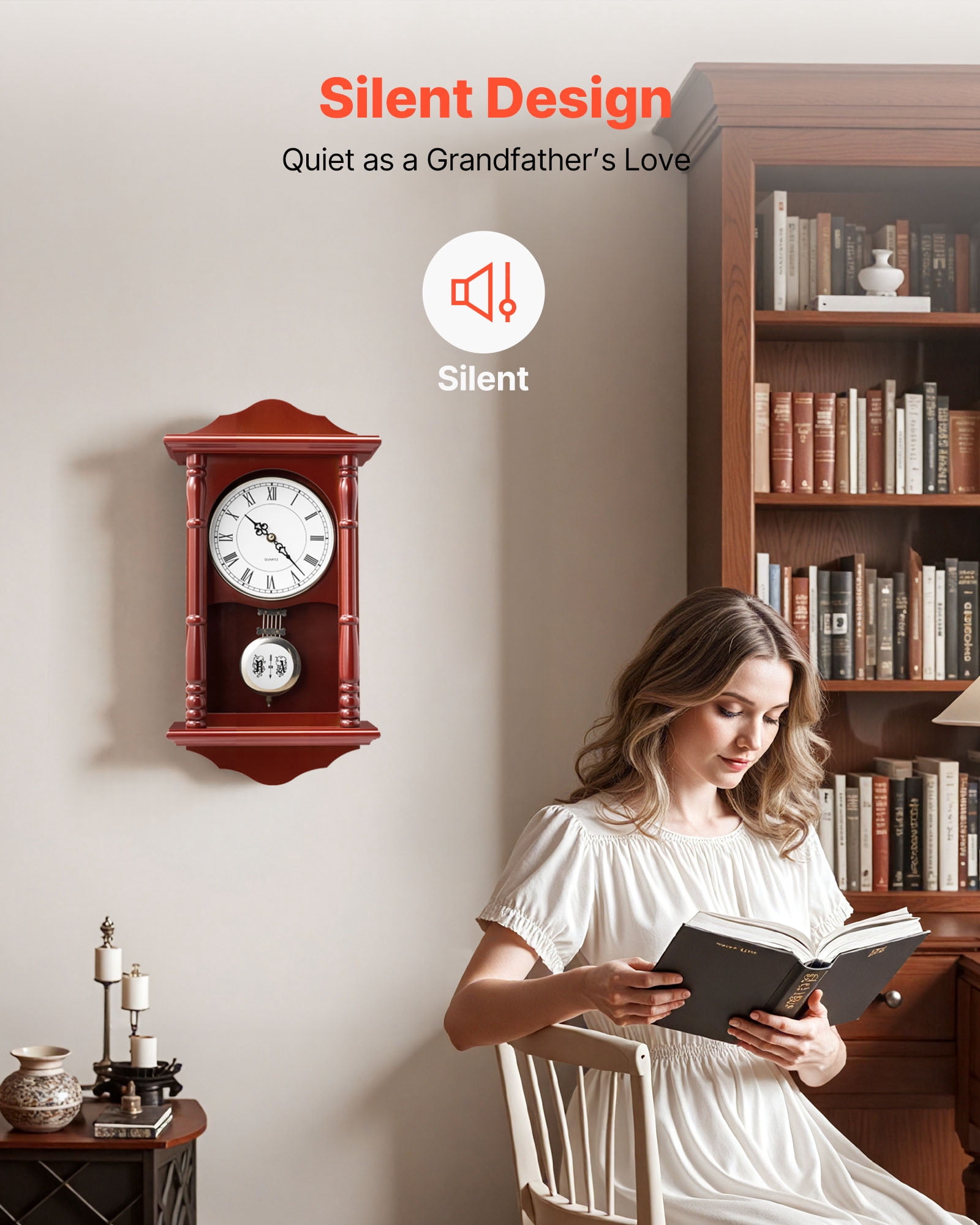 VEVOR Grandfather Clock, 18 in Classic Vintage Pendulum Clock, Pine Wood & MDF Wall Clocks with Quartz Movement and Quiet Design, for Living Room, Bedroom, Home Decor, and Gift (Cherry Tone Finish)