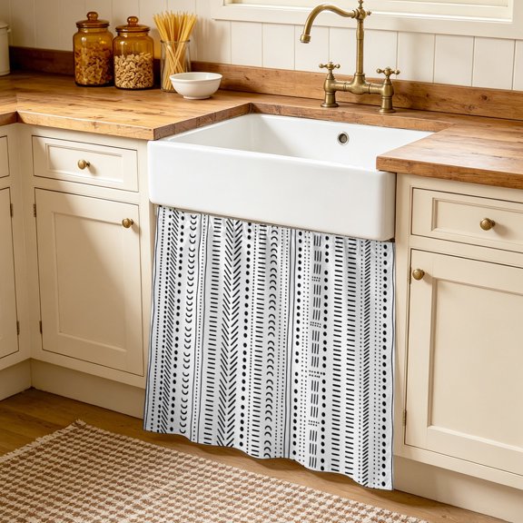 White Boho Cabinet Curtains 35"W x 35"L, Country Abstract Black Geometric Striped Sink Skirt for Bathroom Vanity Kitchen Self Adhesive, Dust-Proof Privacy Curtain for Shelves Closet Laundry Pantry