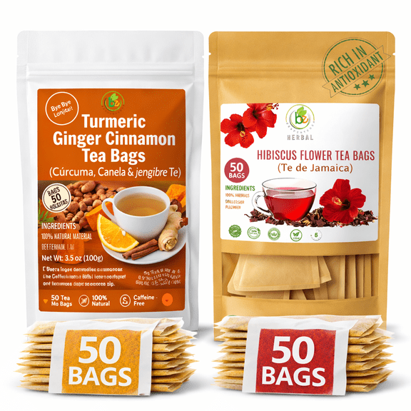 Turmeric, Ginger & Cinnamon Herbal Tea + Hibiscus (Jamaica) Tea Combo – 100 Tea Bags (2 Packs of 50) – Caffeine-Free Botanical Infusions – Warm Spiced Blend & Tart Refreshing Tea – 100% Natural