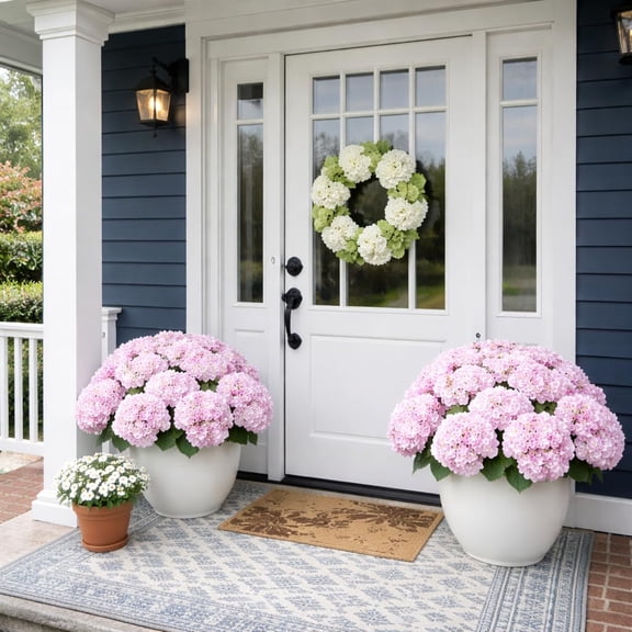 17.7in Front Porch Hydrangeas, 5 Heads Hydrangea Artificial Flowers Outdoor Uv-Resistant Waterproof Windproof Never Faded, Realistic Silk Faux Floral for Spring Wedding Yard Garden