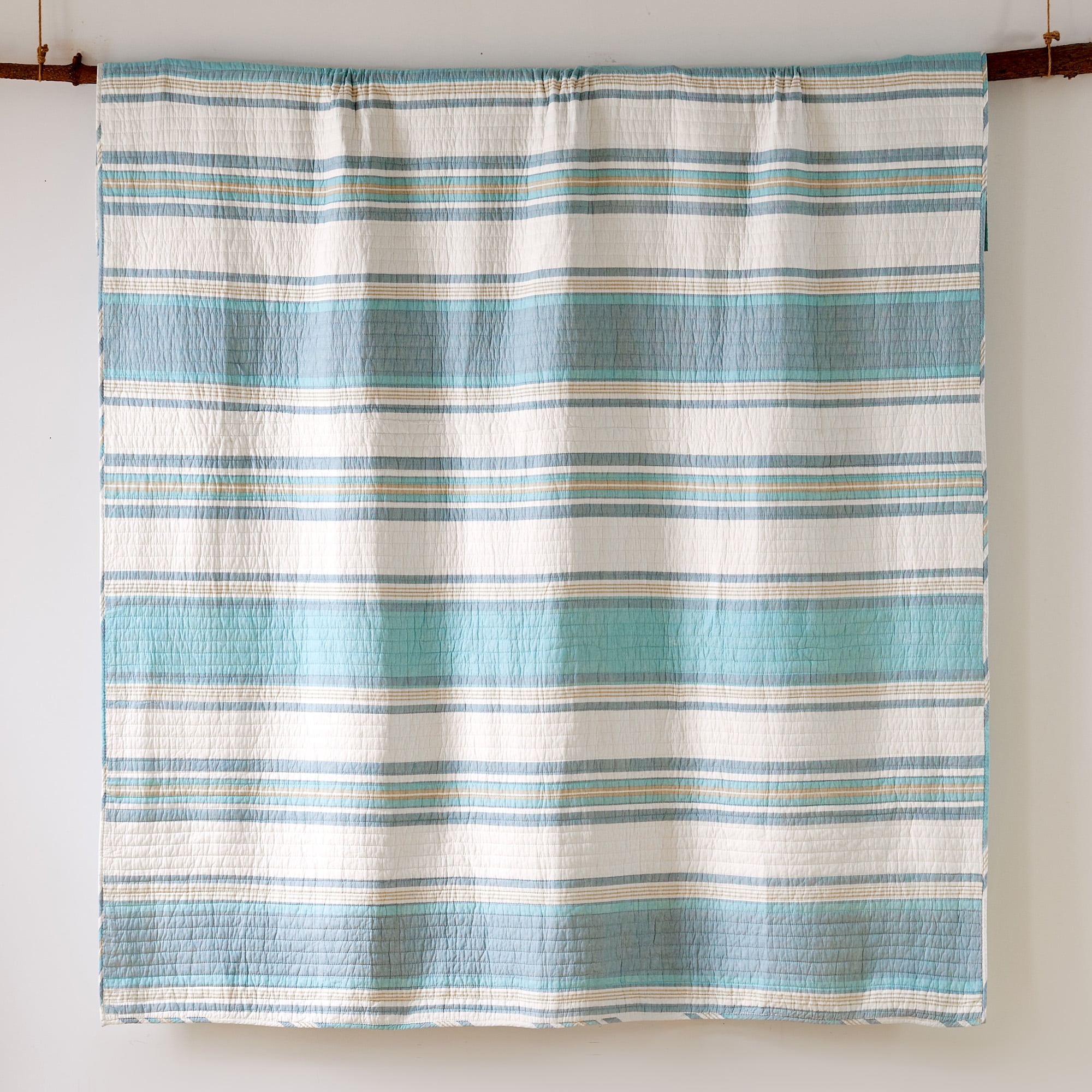 Levtex Home Blue Teal Taupe Cream Cotton Quilt, Queen - Reversible