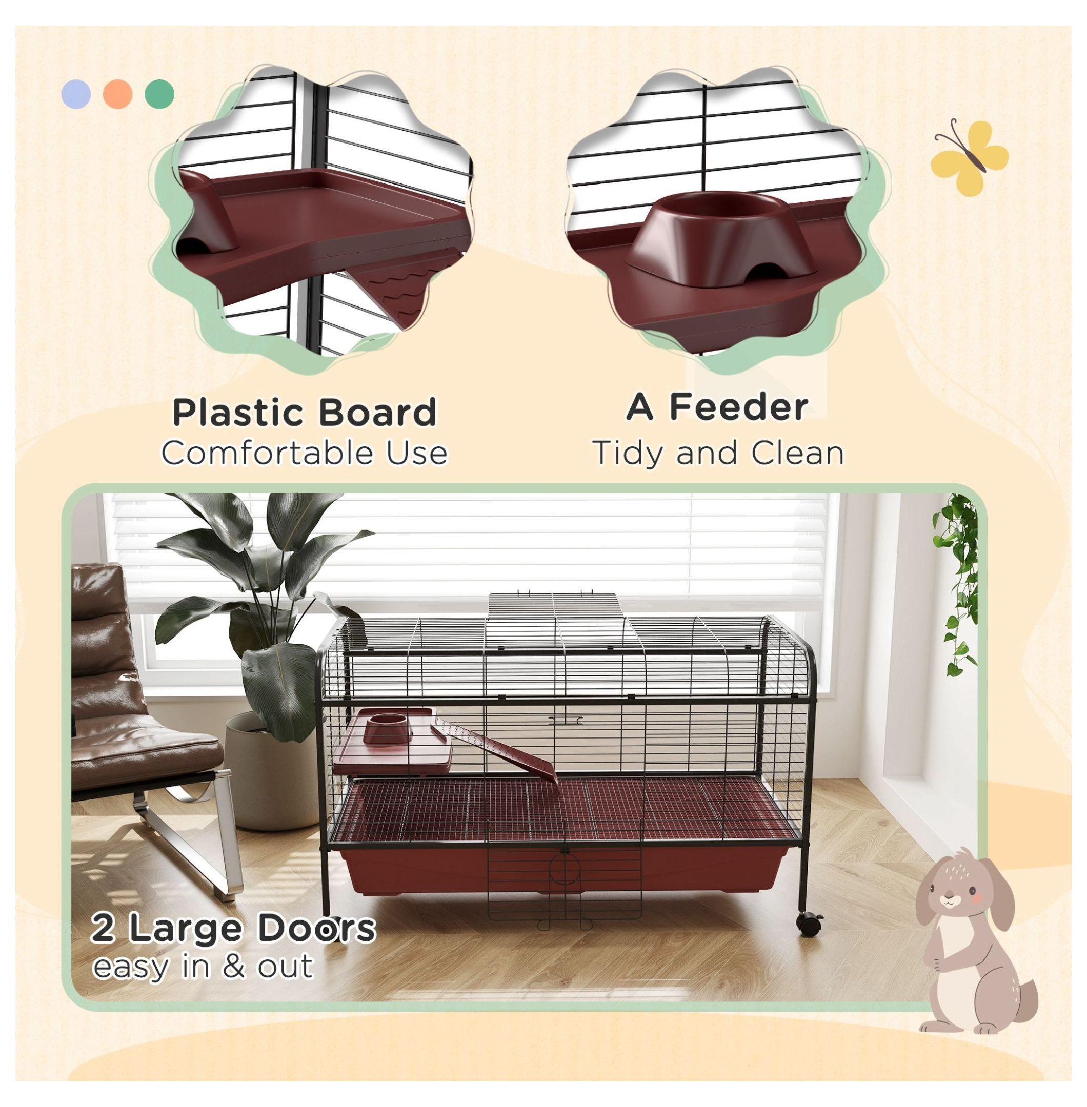 "L Small Animal Cage, Pet Play House for Rabbit Hutch with Feeder, Rolling Wheels, Platform, Ramp