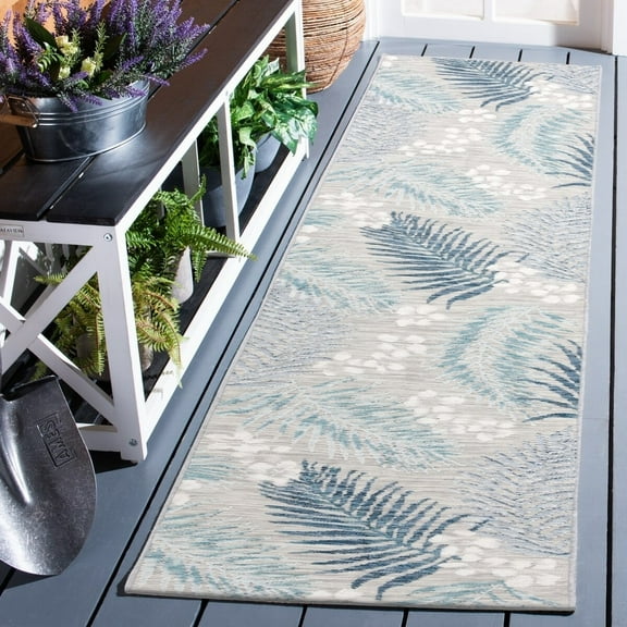 SAFAVIEH Sunrise Jane Floral Reversible Indoor/Outdoor Runner Rug, Grey/Blue Ivory, 2' x 8'