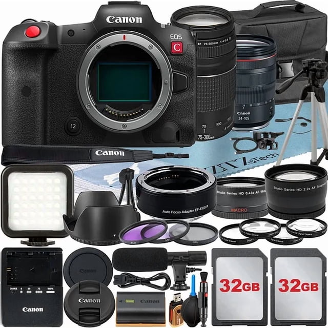 Canon EOS R5 C Mirrorless Cinema Camera with RF 24-105mm Lens + EF 75-300mm + Mount Adapter + 2 Pack 32GB Memory Card + LED Flash + Case + ZeeTech Accessory