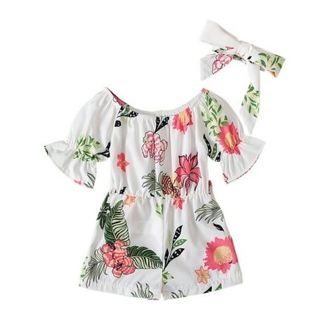 

TAIAOJING Outfits For Girls Baby Kids Flare Sleeve Flower Print Romper Jumpsuit+Headband Set Outfit Girl Clothing 6-12 Months