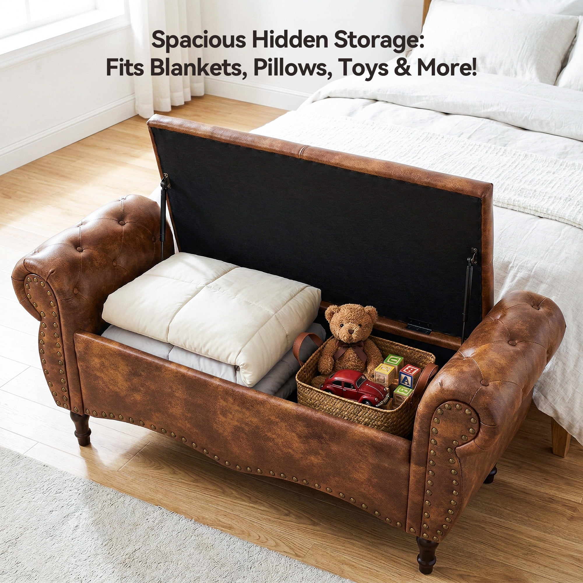 YIKEMA Upholstered PU Leather Rectangle Storage Ottoman Bench with Nailhead Trim, 51.5", Brown