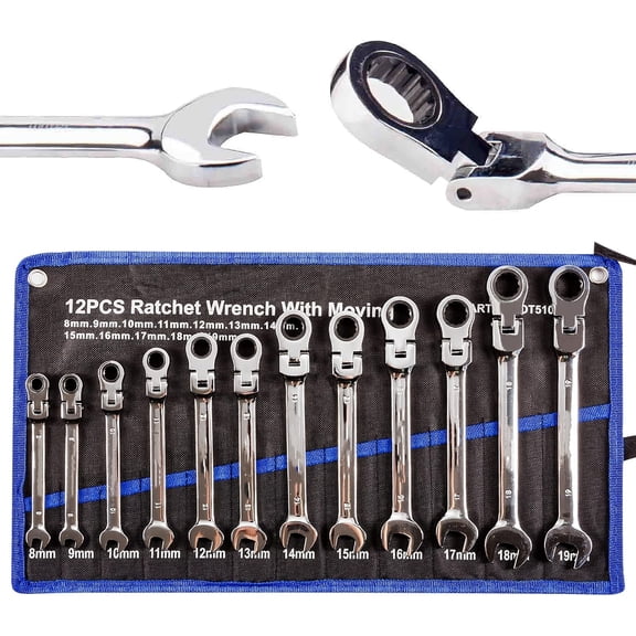 12pcs Flex Head Ratcheting Wrench Set- 8-19mm Metric Ratchet Combination Wrenches CrV Gear Spanner Set