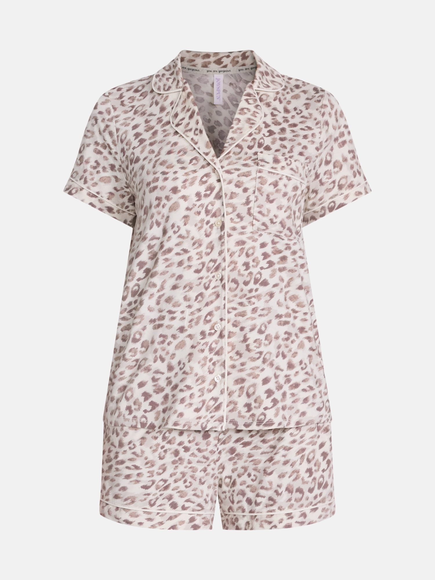 Joyspun Women’s Dreamy Soft Collection Notch Collar Knit Top and Boxer Shorts, 2-Piece Pajama Set, Sizes XS-3X