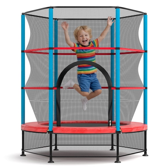 Trampoze 55" Foldable Recreational Trampoline with Safety Enclosure Net, 330LBS Steel PP Mat Indoor Outdoor for Kids Adults, Red Blue