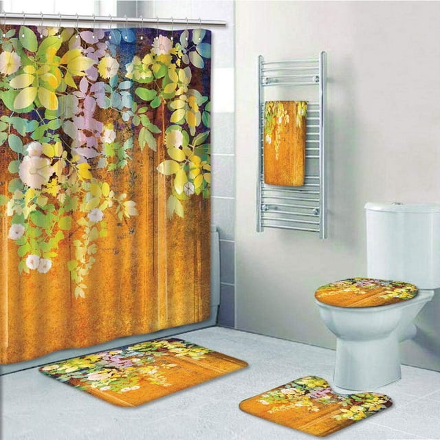 EREHome Ensemble de Salle de Bain 5 Pcs Fleur Aquarelle Douce Fleurs de Printemps Feuilles sur Fond Rétro Rideau de Douche Serviette de Bain Tapis de Bain Tapis Contour et Housse de Couvercle de Toilette