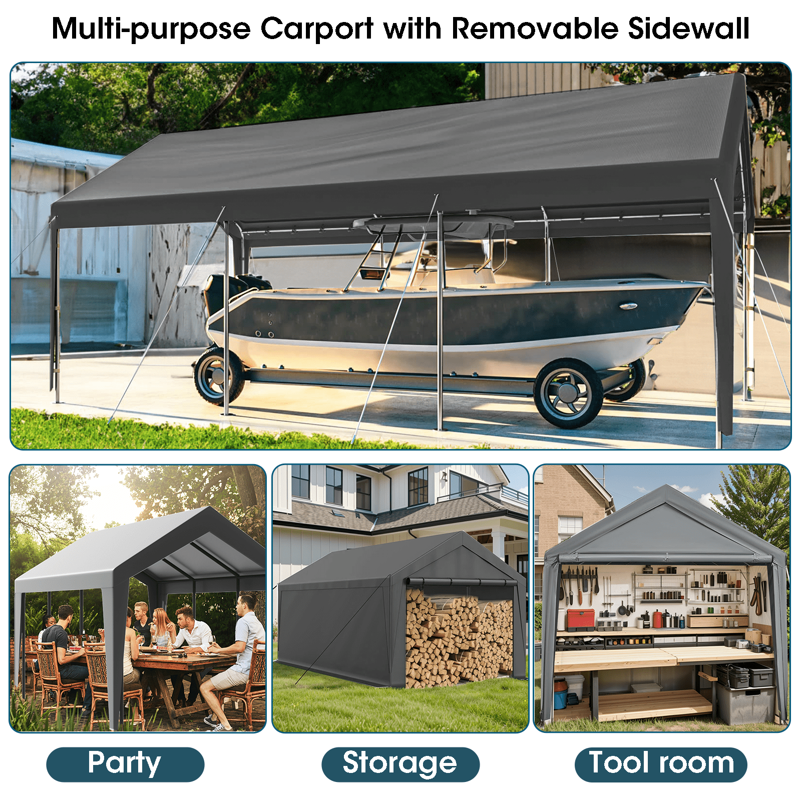 Grezone 10 x 20 ft Outdoor Canopy Carport Portable Car Tent Garage, Grey