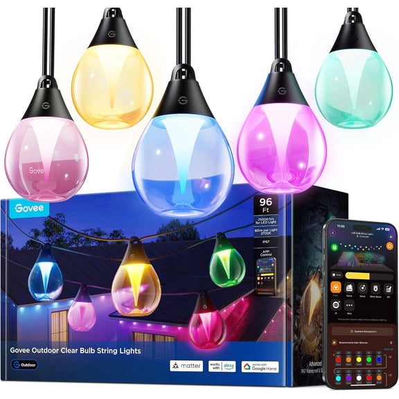 Govee Clear Bulb Outdoor String Lights, 96ft RGBWIC Dimmable Patio & Backyard Lights with 30 LED Bulbs